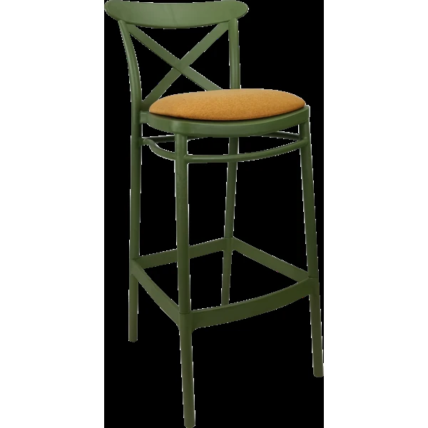 Siesta Cross Bar Stool 65cm (Counter Height) - Olive Green with Orange Fabric Cushion
