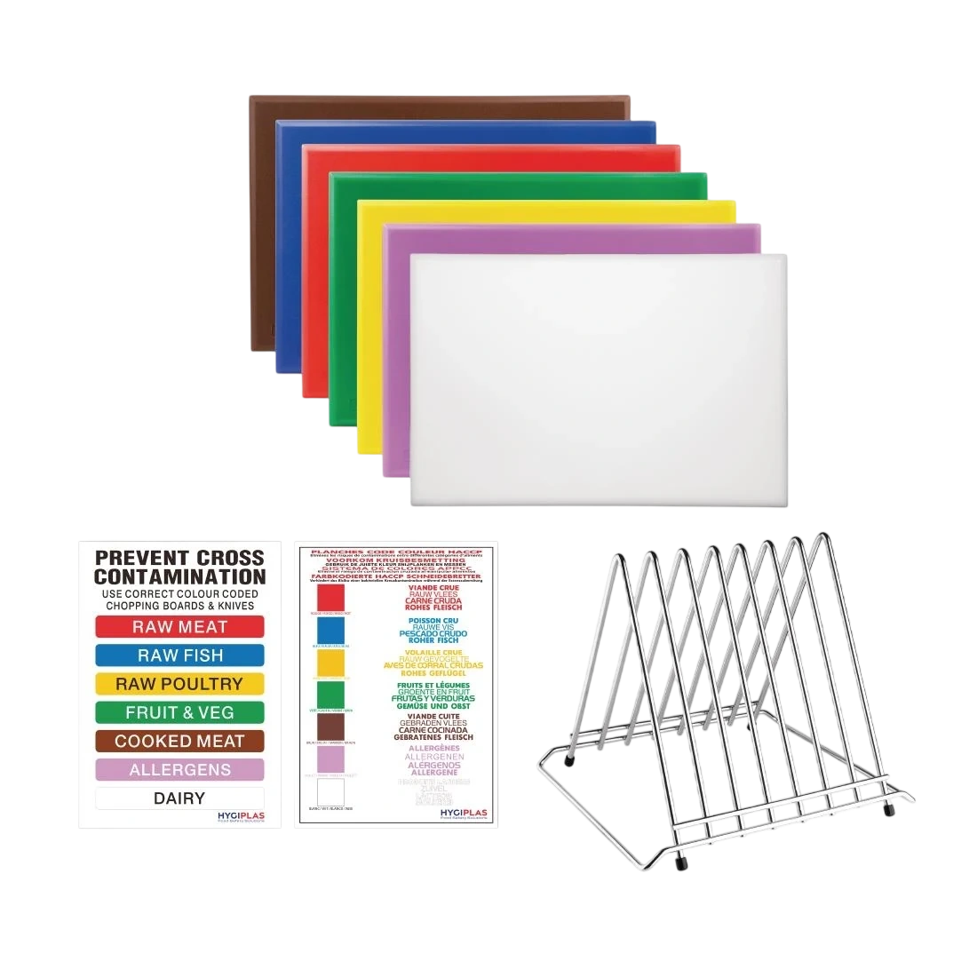 Hygiplas FY991 High Density Chopping Board Set 7 Boards & Steel Rack & Wall Chart product image