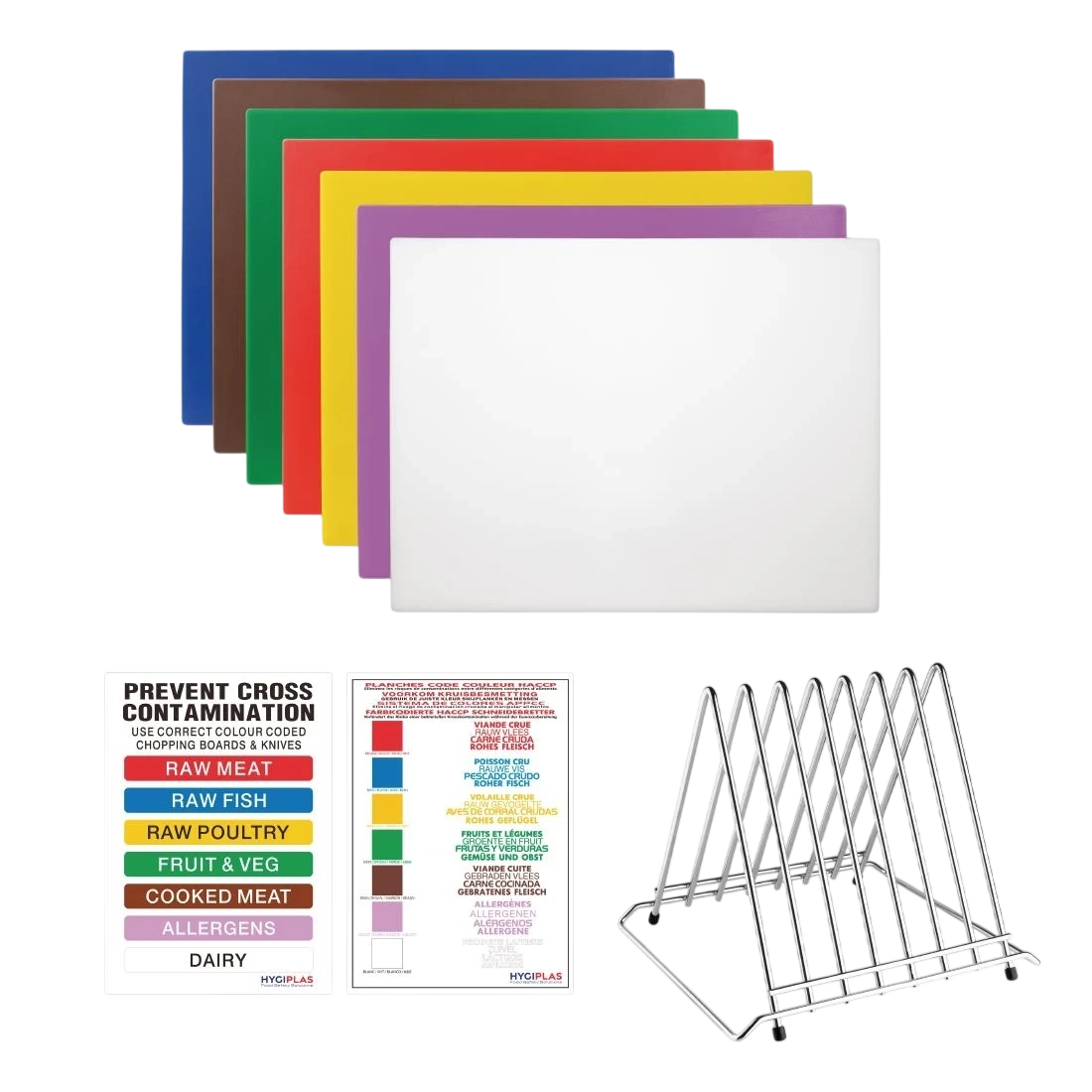 Hygiplas FY992 High Density Chopping Board Set 7 Boards & Steel Rack & Wall Chart product image