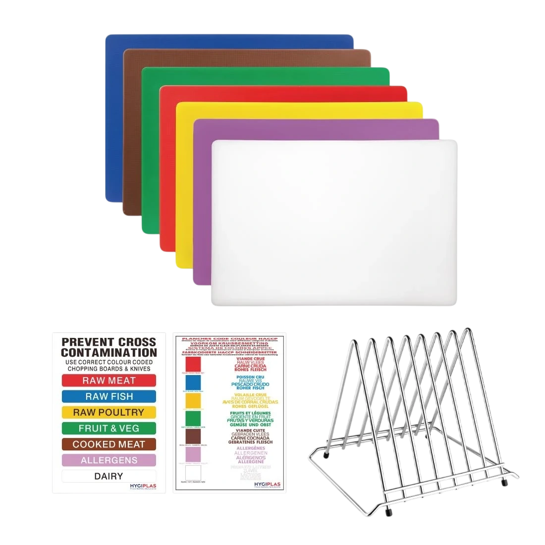 Hygiplas FY994 Low Density Chopping Board Set 7 Boards & Steel Rack & Wall Chart product image
