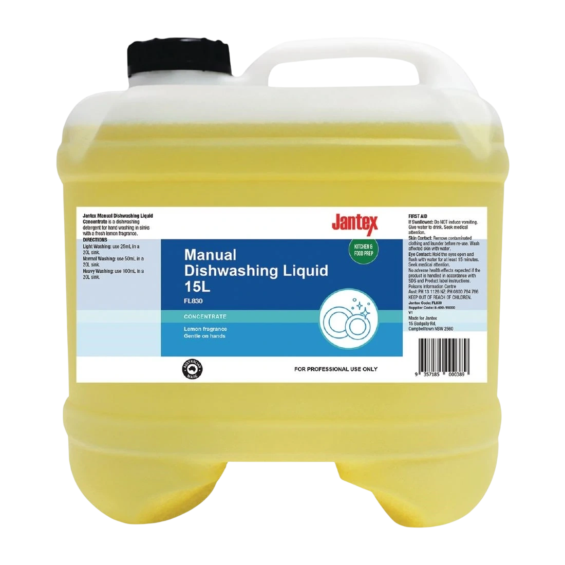 Jantex FL830 Manual Dishwashing Liquid Concentrate Lemon - 15Ltr product image