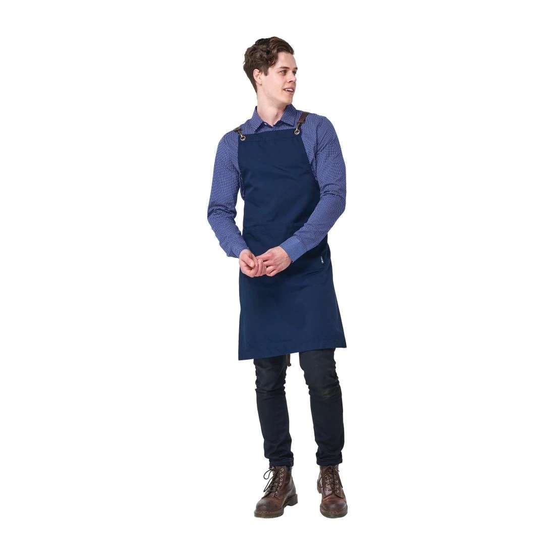 Urbanbar Design BB626 Poly Cotton Bib Apron Navy with Chocolate PU Strap Atlanta product image