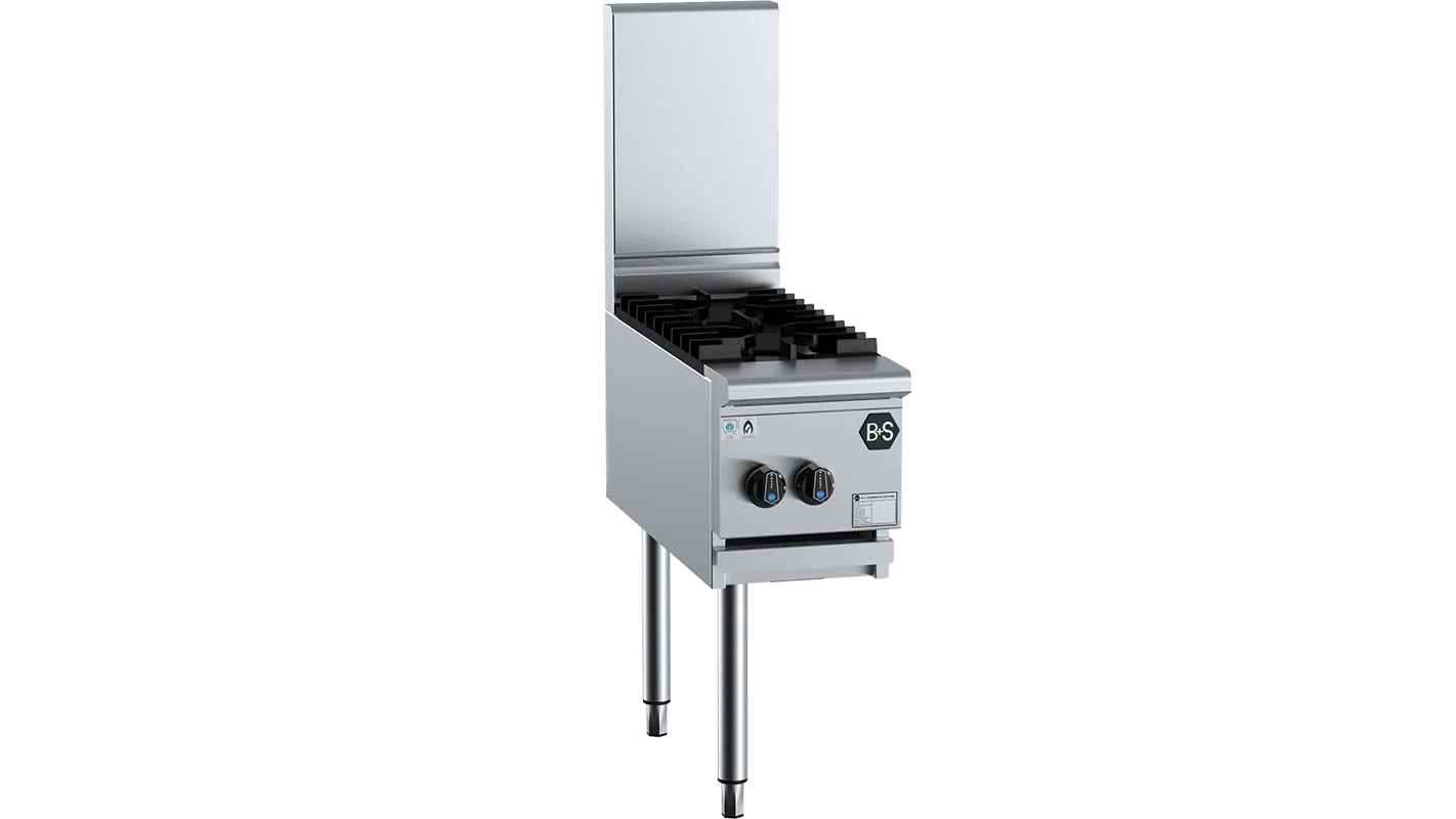 B+S Black two burner boiling top with wok attachment, 300×840×1300 mm, NG/LPG, stainless steel – front view, Australia