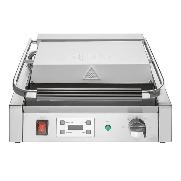 Apuro CU607-A large contact grill with flat plates and digital timer, 480mm, 2.2kW, stainless steel – front view, Australia