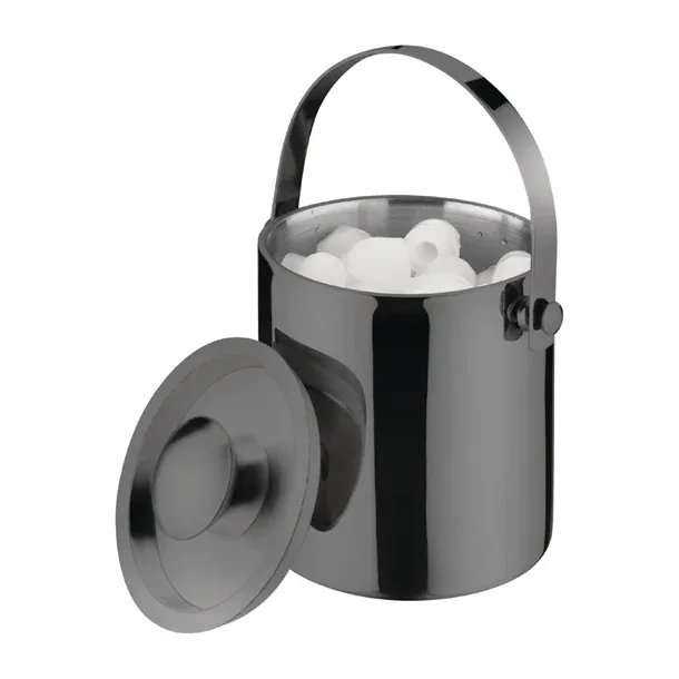 Olympia DR742 double walled ice bucket with lid, 1Ltr, stainless steel gunmetal finish – front view, Australia