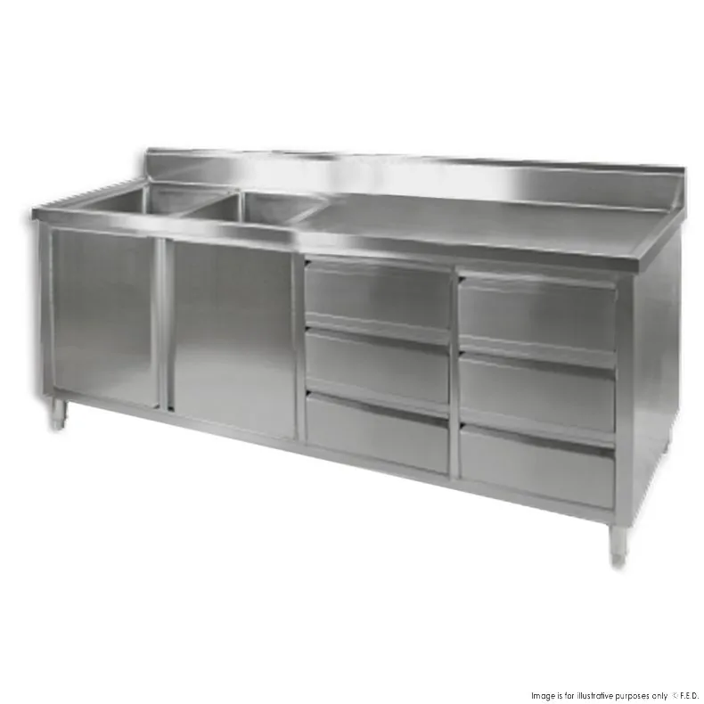FED DSC-2400L-H stainless steel double left sink cabinet, 2400×700×1050 mm, doors and drawers, Australia