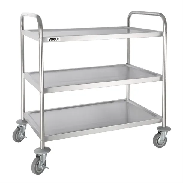Vogue F995 Stainless Steel 3 Tier Clearing Trolley – 128kg Capacity, Braked Castors, Large Size for Commercial Use