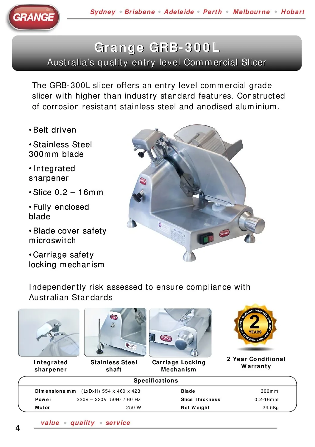 Grange GRB300L belt drive commercial meat slicer 300mm stainless steel blade