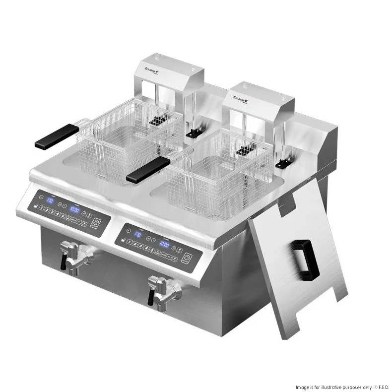 Benchstar IF7000D-AL double-tank auto-lifting induction fryer 625×600×400 mm, stainless steel – front view, Australia