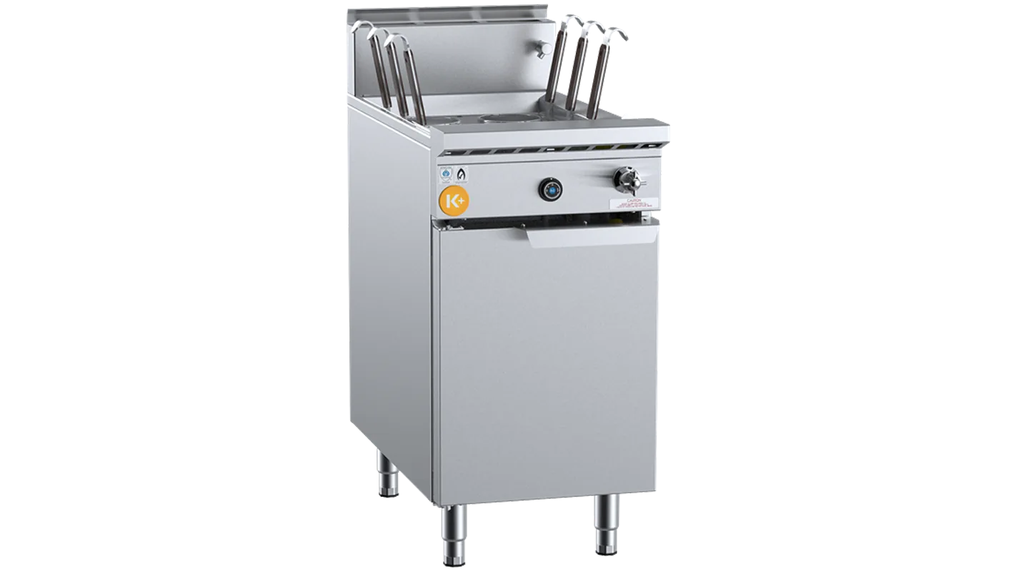 B+S K+ KNC-6 six-basket noodle cooker with multi-jet burner, 450 mm wide, NG/LPG gas, stainless steel – front view, Australia