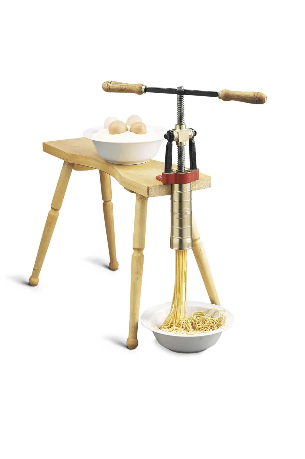 Bottene PMB0001 Brass Pasta Extruder with Dies and Wooden Bench