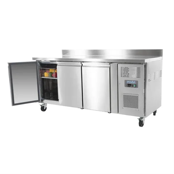 Polar UA065-A triple door counter fridge with upstand — stainless steel, doors open