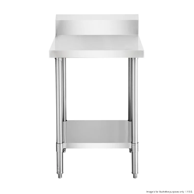 FED WBB6-0600/A stainless steel workbench with splashback, 600mm, solid undershelf – front view, Australia